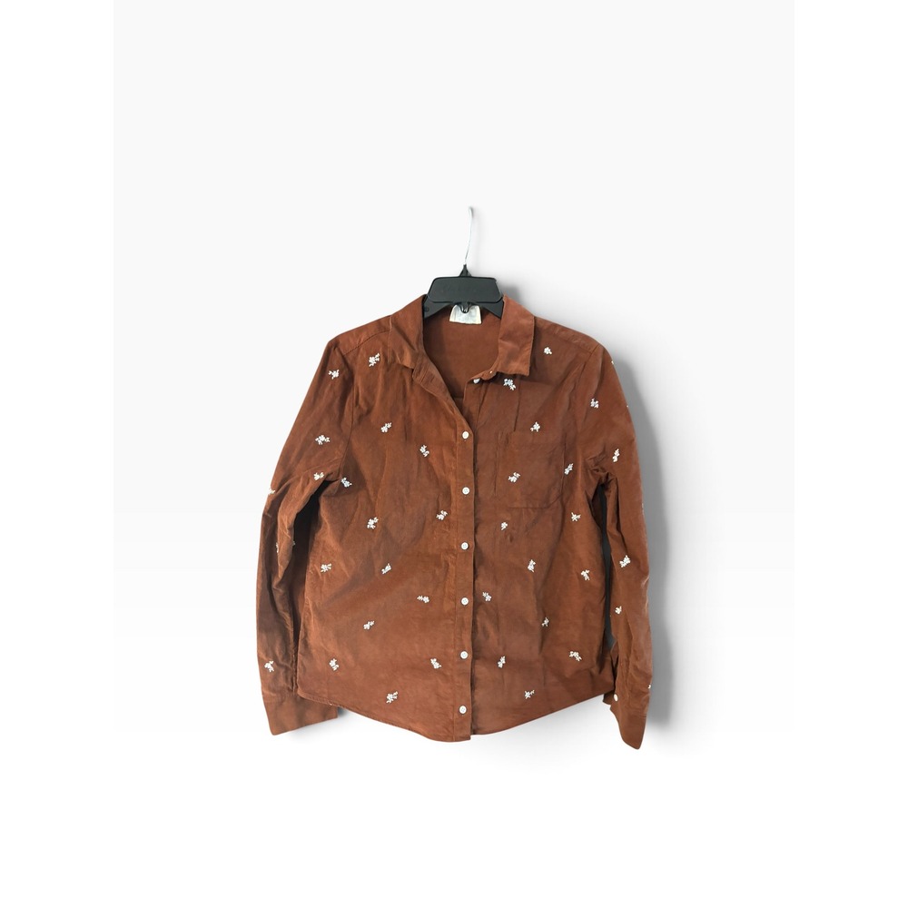 Sezane Brown Corduroy Embroidered Floral Button Down Shirt Size 38 US 6